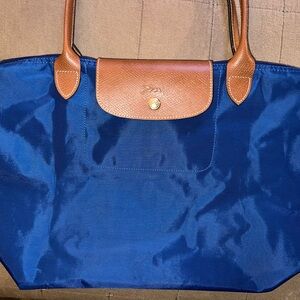 Longchamp Le Pliage Shopping Modele Depose - Royal Blue and Leather Tote